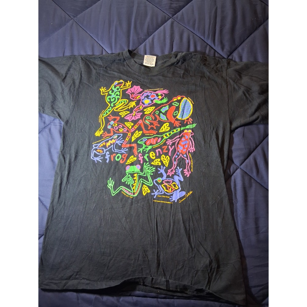 Vintage 1991 Susan Costello Frog Frenzy T Shirt Black Neon Single Stitch Large